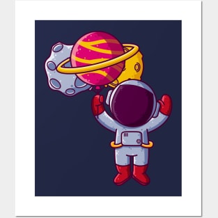 Cute Astronaut Flying with Planet Balloons Cartoon Posters and Art